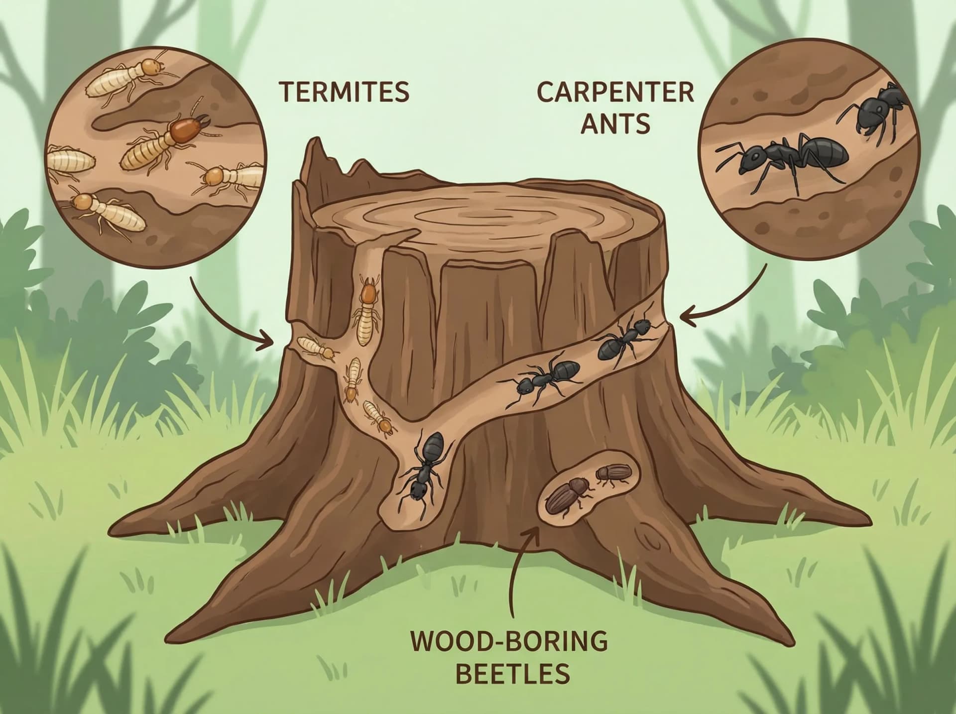 Decaying tree stump attracting termites and pests in a Pennsylvania yard — a common reason for stump removal