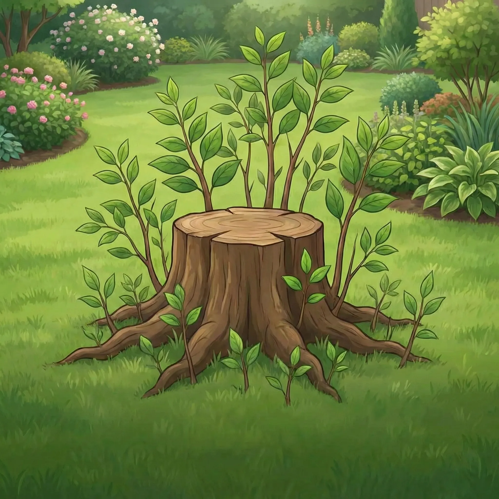 Unwanted sapling sprouts growing from a tree stump in a Northeast Pennsylvania residential yard